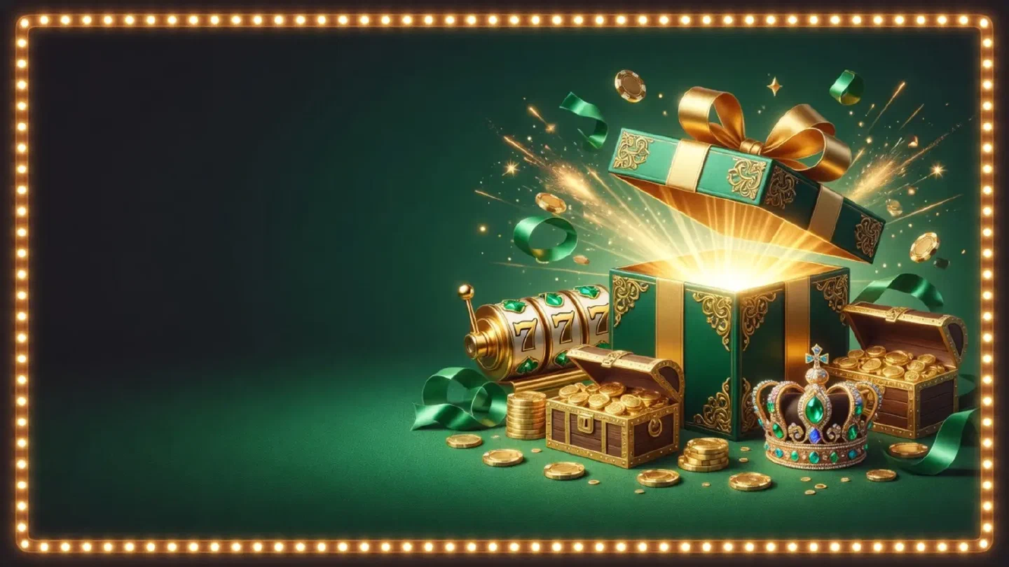 A glowing emerald and gold gift box opening over slot reels and coins on a dark background